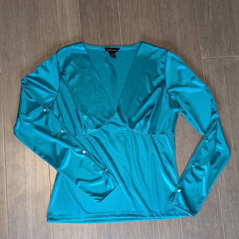 Moda International, Satin Statement Sleeve V Neck Blouse, Emerald Green, Sz M